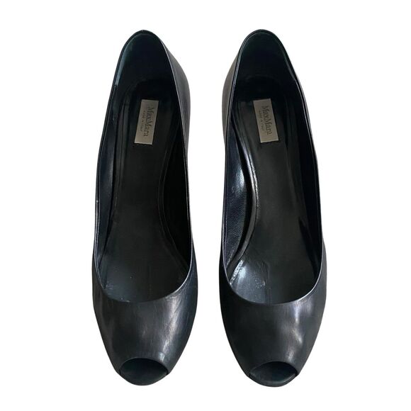 Max Mara Open Peep Toe Dressy Pumps 9.5 EU 40 Black Leather Heel 3” Made Italy - Picture 2 of 12
